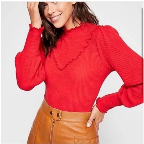Free People “Love Struck” Ruffle Turtleneck Top in bold red Size Small - Picture 1 of 7